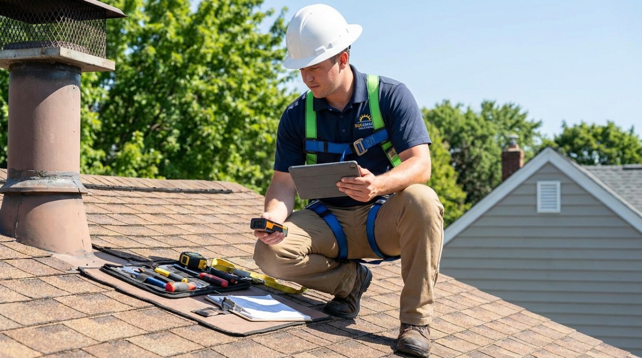 Split solar water heater site survey showing a technician inspecting roof conditions, tools, safety harness, and installation planning before solar thermal system setup